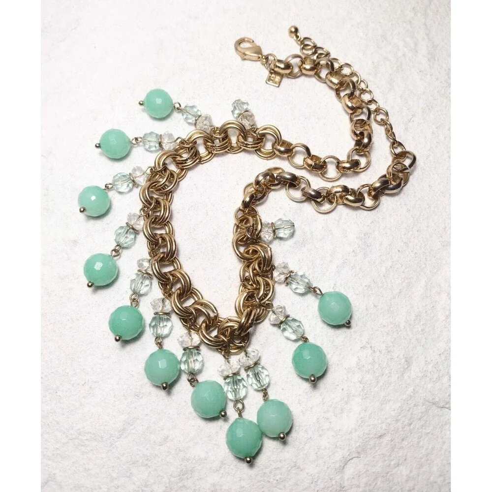 Banana Republic Bib Fringe Necklace Green Crystal Glass Bead Gold tone Statement